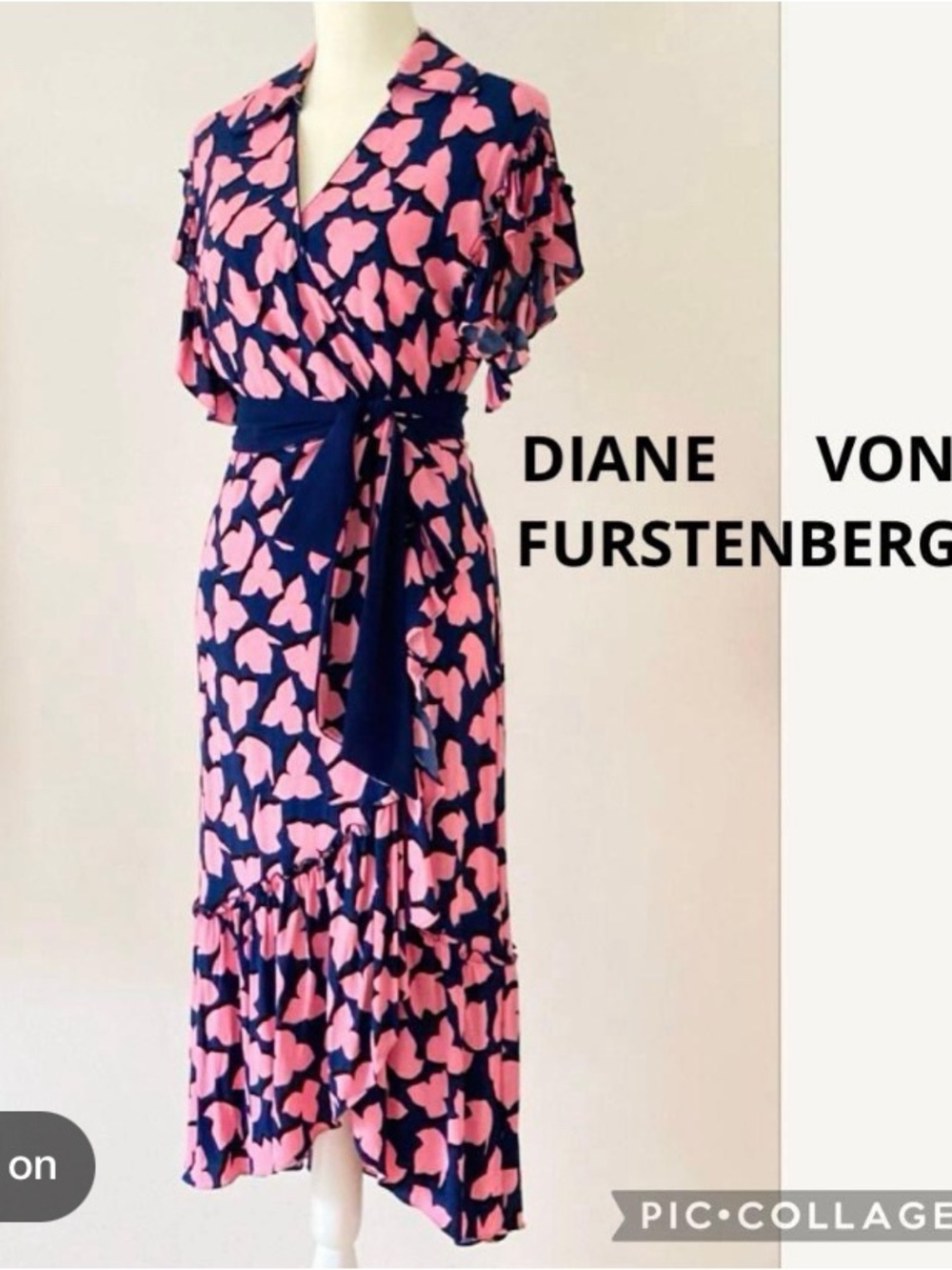 Diane Von Furstenberg Navy & Pink Floral-Print Wrap Midi Dress 100% Viscose